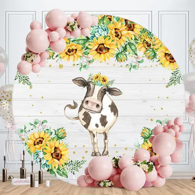 Aperturee Cow Sunflower Wood Round Birthday Party Backdrop | Birthday Round Backdrop Cover | Round Backdrop Fabric Cover | Ci...