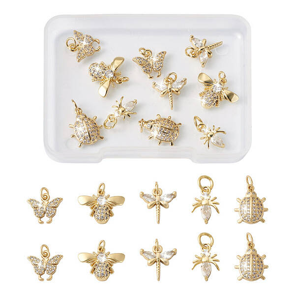 10Pcs 5 Style Brass Micro Pave Cubic Zirconia Pendants