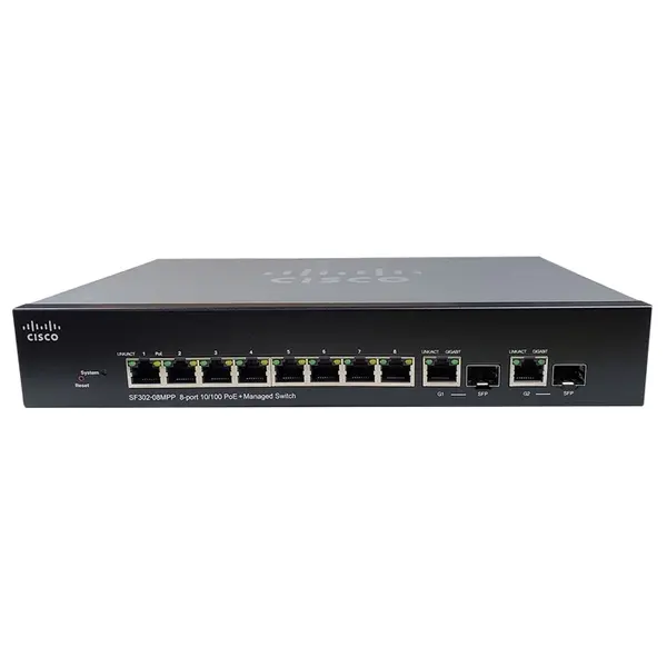 Cisco SF302-08MPP-K9-NA | Small Business 300 Series SF302-08MPP 8 x Ports PoE+ 10/100Base-T + 2 x Ports Combo Gigabit SFP Lay...