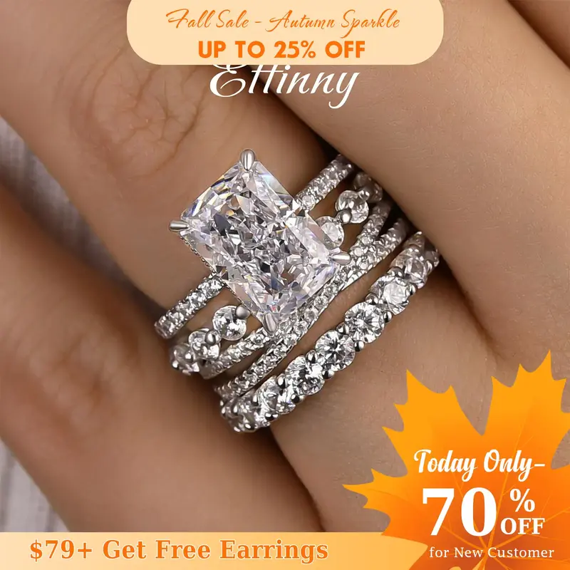 Effinny Jewelry 4.0ct Radiant Cut 4PCS Wedding Ring Set, 925 Sterling Silver Promise Ring, 5A Cubic Zirconia Bridal Ring Set ...