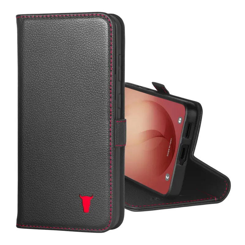 Samsung Galaxy A57 Leather Case (with Stand Function) - Black with Red Detail