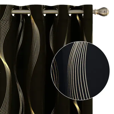 Deconovo Blackout Curtains - 2 Panels, Golden Wave Stripe Print | Thermal Insulated & Soundproof Drapes with Grommets for Liv...