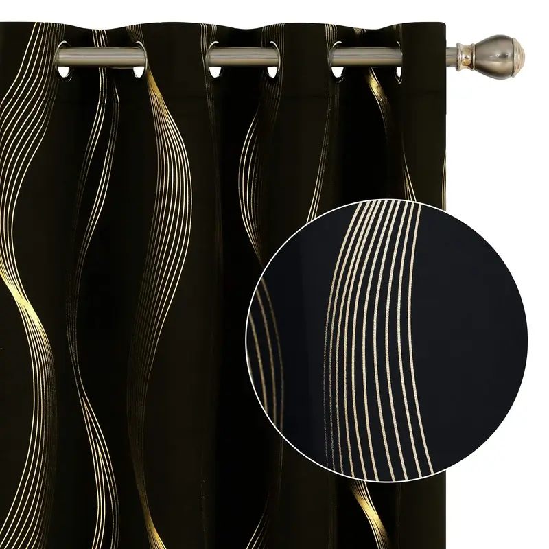 Deconovo Blackout Curtains - 2 Panels, Golden Wave Stripe Print | Thermal Insulated & Soundproof Drapes with Grommets for Liv...