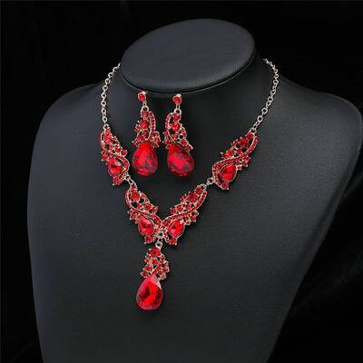 Teardrop Alloy Rhinestone Pendant Necklaces & Stud Dangle Earrings Sets
