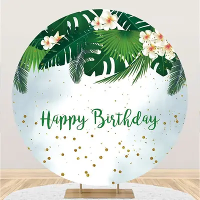 Aperturee Leaves And White Flower Circle Happy Birthday Backdrop | Round Backdrop Covers | Custom Round Birthday Backdrop | B...