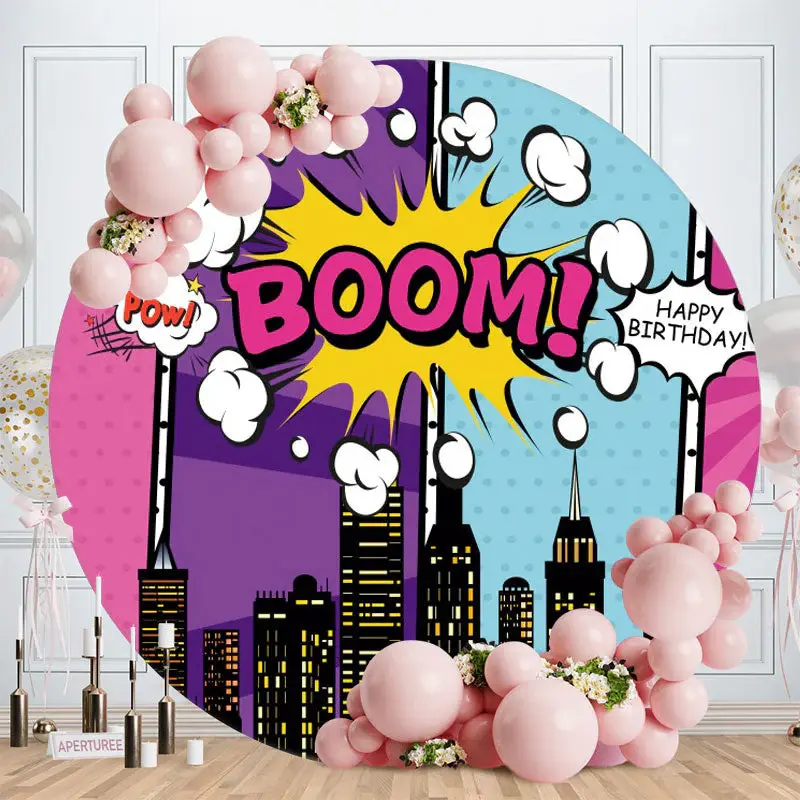 Aperturee Round Boom City Happy Birthday Backdrop For Children