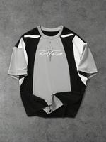 Men's Colorblock Letter Print Short Sleeve Tee, Regular Fit Casual Street Crew Neck T-Shirt for Summer, Fashion Men's Top for...