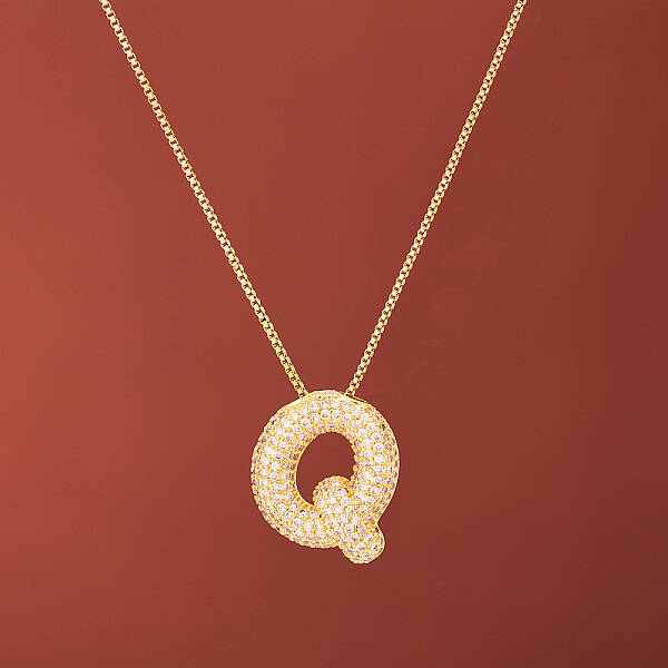 Brass Micro Pave Clear Cubic Zirconia Initial Pendant Necklaces for Women