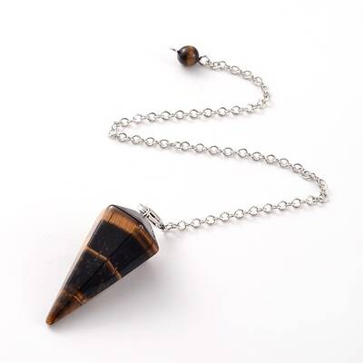 Platinum Tone Brass Tiger Eye Cone Hexagonal Pointed Dowsing Pendulums