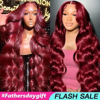 Bling Hair 99j Red Color 13x4 Body Wave Lace Frontal Human Hair Wigs 180 Density Lace Frontal Wig Real Hair Pre Plucked Human...