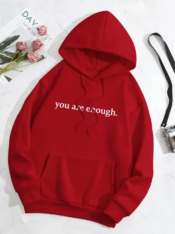 Women's Casual Letter Print Drop Shoulder Drawstring Hoodie Long Sleeve Pullover Top, Thermal Lined Pocket Hooded Sweatshirt ...