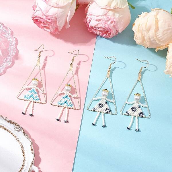 2Pair Girl with Triangle Brass Glass Seed Beads Dangle Earrings