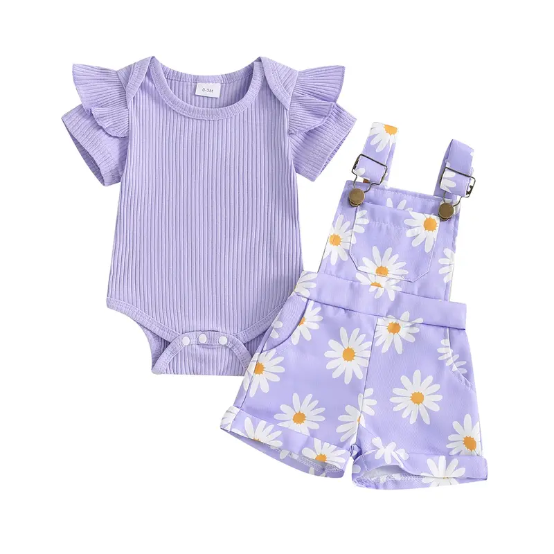 Newborn Baby Girl Clothes Ruffle Short Sleeve Ribbed Romper Daisy Suspender Overall Shorts Set 2Pcs Summer Outfits