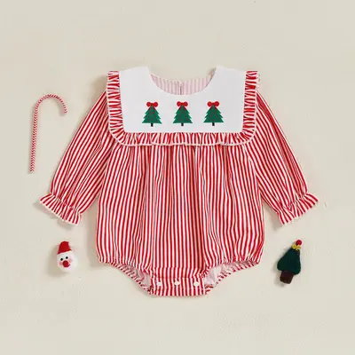 Infant Baby Girl Christmas Romper Striped Tree Ruffle Trim Long Sleeve Bodysuit Cute Clothes 0-18 Months