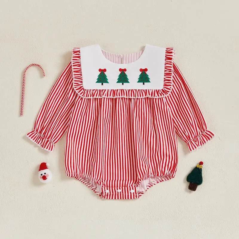 Infant Baby Girl Christmas Romper Striped Tree Ruffle Trim Long Sleeve Bodysuit Cute Clothes 0-18 Months