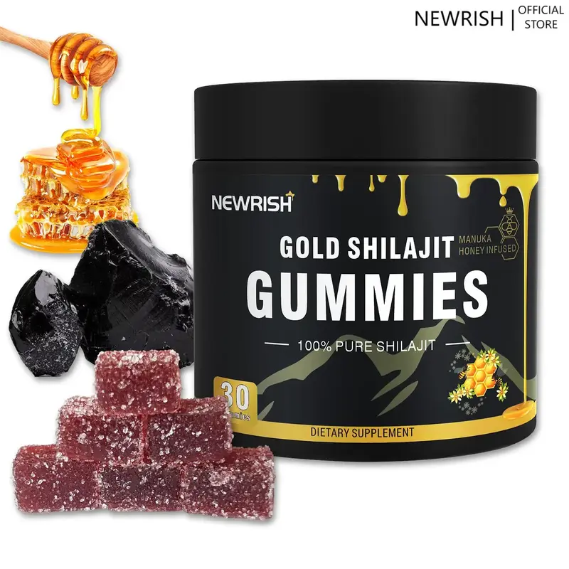 Newrish Gold Shilajit Gummies - 100% Natural & Organic - 30 Gummies with Manuka Honey Fulvic Acid & 85+ Trace Minerals for En...