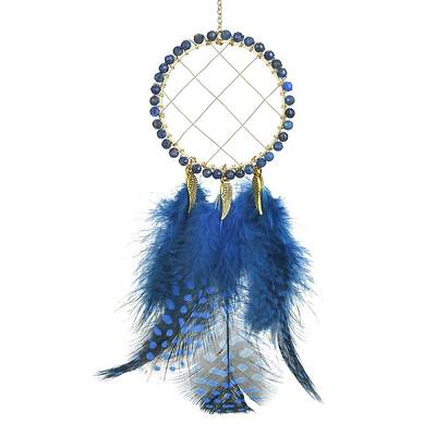 Natural Lapis Lazuli Woven Net/Web with Feather Wall Hanging Decoration