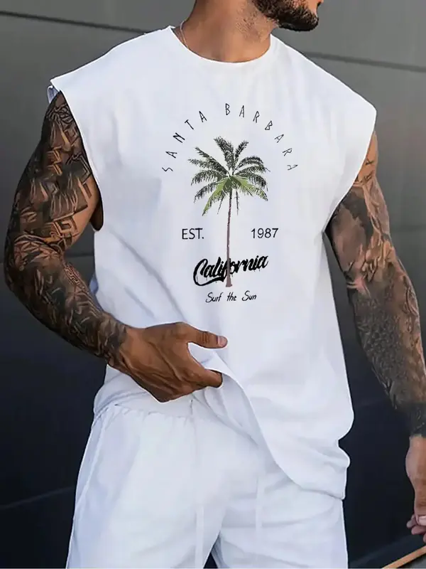 Men's Regular Fit Letter & Palm Tree Print Round Neck Sleep Tee, Casual Soft Comfortable Sleeveless Sleep Top For Daily Wear,...