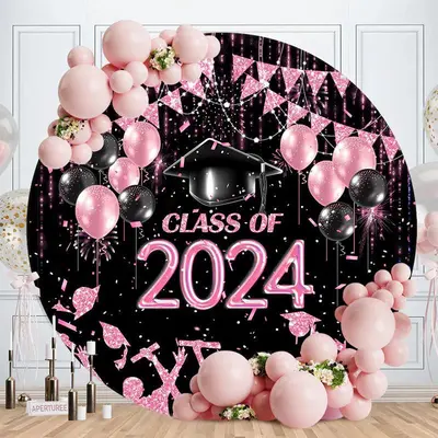 Aperturee Black Pink Balloon Class Of 2024 Round Grad Backdrop | Graduation Backdrop Banner | Graduation Party Backdrop | Gra...
