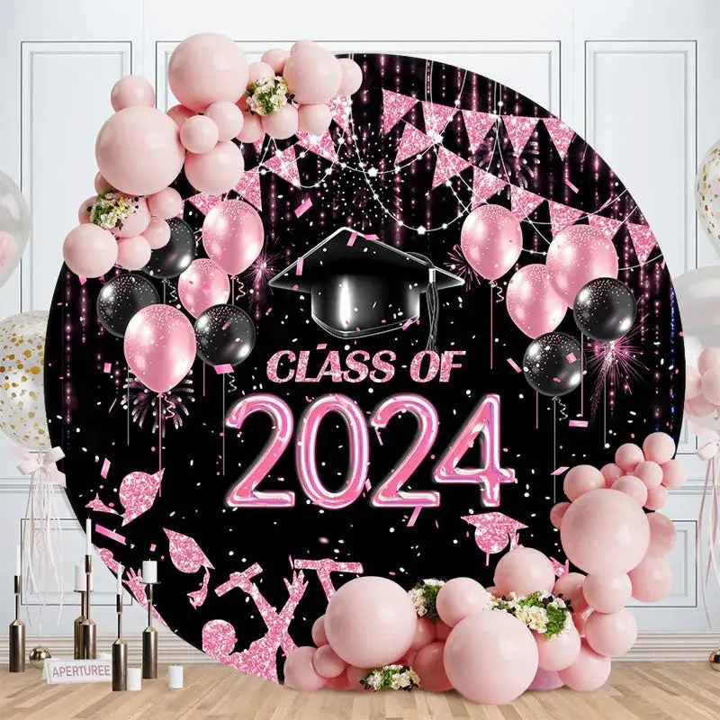 Aperturee Black Pink Balloon Class Of 2024 Round Grad Backdrop | Graduation Backdrop Banner | Graduation Party Backdrop | Gra...