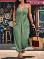 【Plus Size】 Solid Color Pocket Jumpsuit, Casual Minimalist Sleeveless Jumpsuit for Daily Wear, Women's Plus Clothing for ...