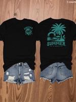 Women's Letter & Palm Tree Print Round Neck Tee, Casual Short Sleeve Crew Neck T-Shirt for Daily Wear, Ladies Sportswear for ...