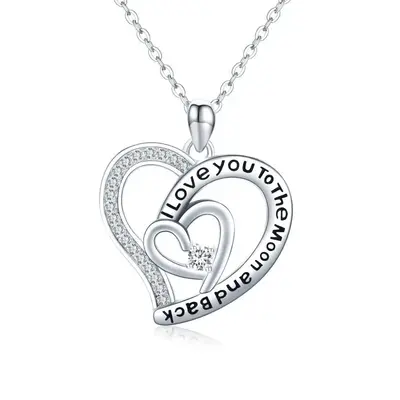 Sterling Silver Cubic Zirconia Heart Pendant Engraved Necklace for Women