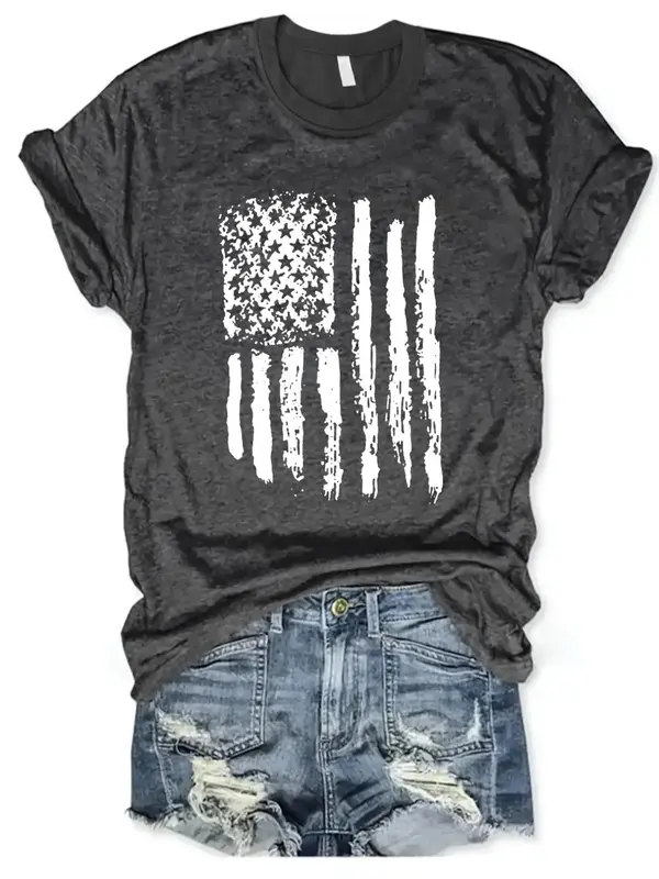 Women's Flag Print Round Neck Shortsleeve 4th of July Tee, Summer Clothes Women, Streetwear Lady Comfort Geometric Printed ...