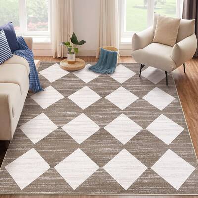 Garvee Plaid Brown 10x13 Distressed Checkered Area Rug Soft Washable Non-Slip TPR Backing Polyester Yarn Low Pile Brown 10x13...