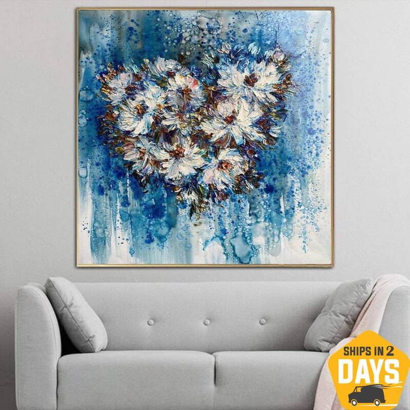 Abstract Heart Wall Art Canvas Romantic Painting Love Artwork Impasto Wall Art White Flowers Painting for Aesthetic Room Deco...