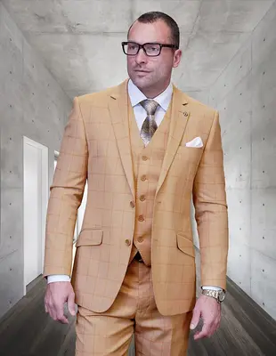 Modern Men's Windowpane Wool Suit  3 Piece 100% Wool Fashionable Fit