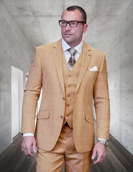 Modern Men's Windowpane Wool Suit  3 Piece 100% Wool Fashionable Fit