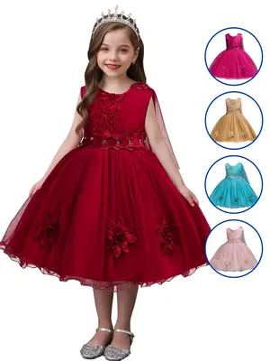 Girl's Floral Decor Lace Dress, Elegant Sleeveless Round Neck Tulle Dress for Party Wedding Guest, Kids Clothes for All Seaso...