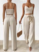 Women's Solid Crop Cami Top & Wide Leg Pants Two-piece Set, Casual Comfy Two Piece Outfits for Daily Wear, Ladies Clothes for...