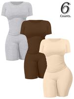 Women's Solid Ribbed Crop Top & Skinny Shorts Set, Casual Comfy Round Neck Short Sleeve Tee & Shorts for Daily Wear, Ladies S...