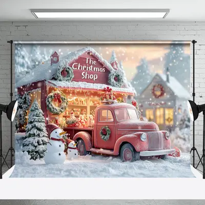 Snowy Trees Christmas Shop Truck Snowman Backdrop - Aperturee