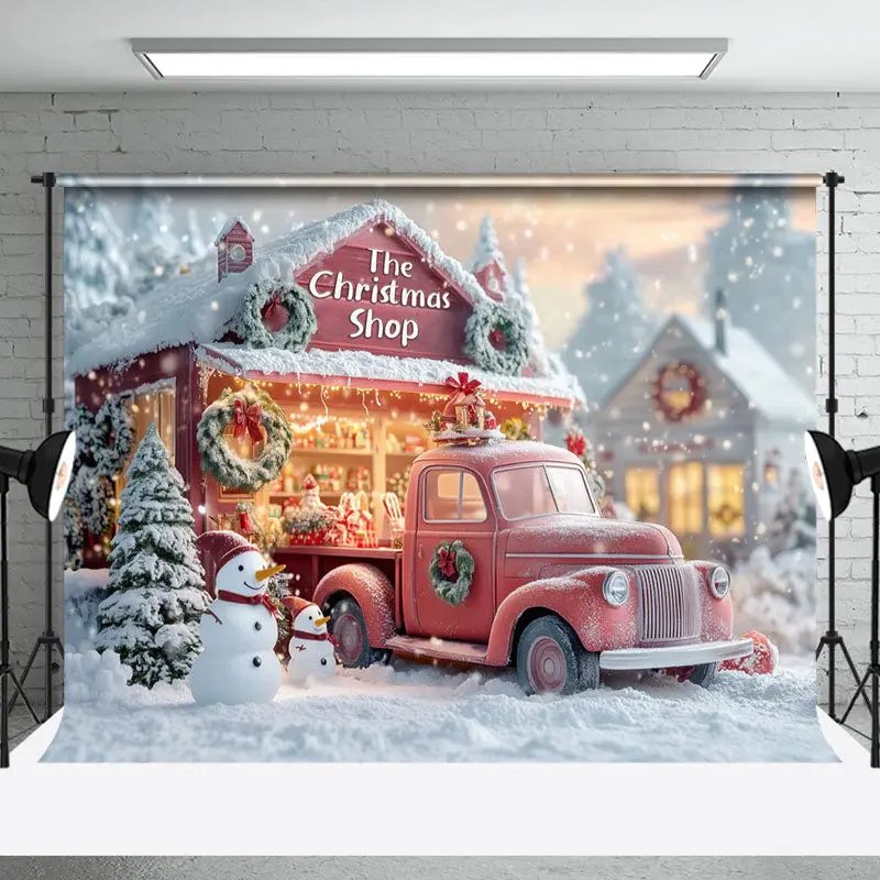 Snowy Trees Christmas Shop Truck Snowman Backdrop - Aperturee
