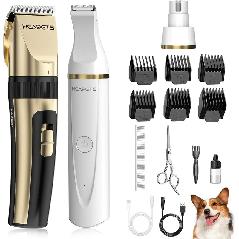 Heapets 3-in-1 Cordless Pet Grooming Clippers, Paw Trimmer & Nail Grinder Kit – Low Noise, Rechargeable Cordless Clippers f...