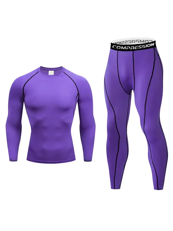 Two-Piece Set Men's Contrast Binding Round Neck Tee & Tape Waist Leggings Tracksuit Set, Quick Drying Breathable Long Sleeve ...