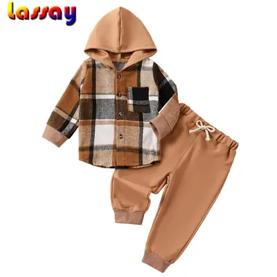 Baby Boys Outfit, Long Sleeve Hooded Plaid Jacket with Elastic Waist Pants Infant Clothes