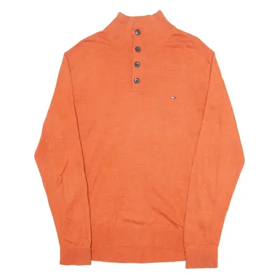 TOMMY HILFIGER Mens Jumper Orange Button Neck Tight Knit XL