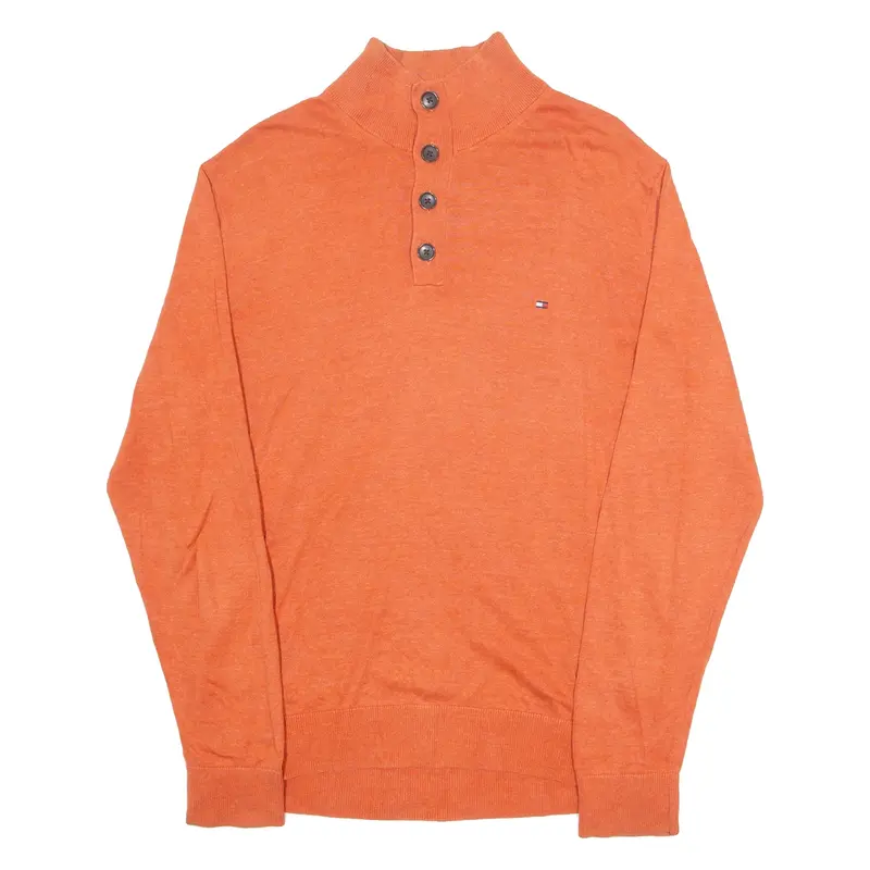 TOMMY HILFIGER Mens Jumper Orange Button Neck Tight Knit XL