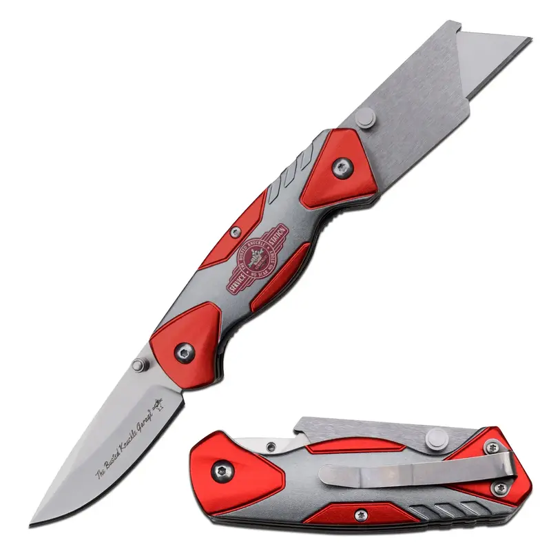 Busted Knuckle Garage 2-in-1 Folding Knife/Utility Knife, Quick-Change Box Cutter with Belt Clip and Liner Lock - Gifts for D...