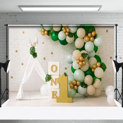 White Brick Wall Tent Balloons Cake Smash Backdrop - Aperturee