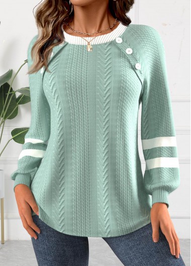 Modlily Green Textured Fabric Long Sleeve Round Neck Sweatshirt - L
