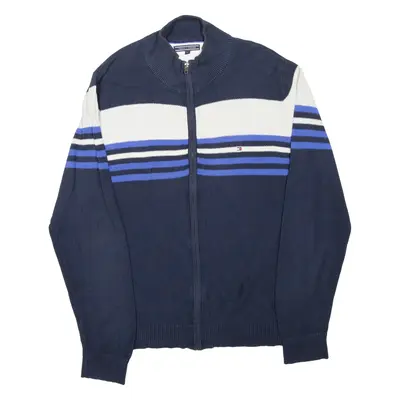 TOMMY HILFIGER Mens Patterned Jumper Blue Striped High Neck Tight Knit XL