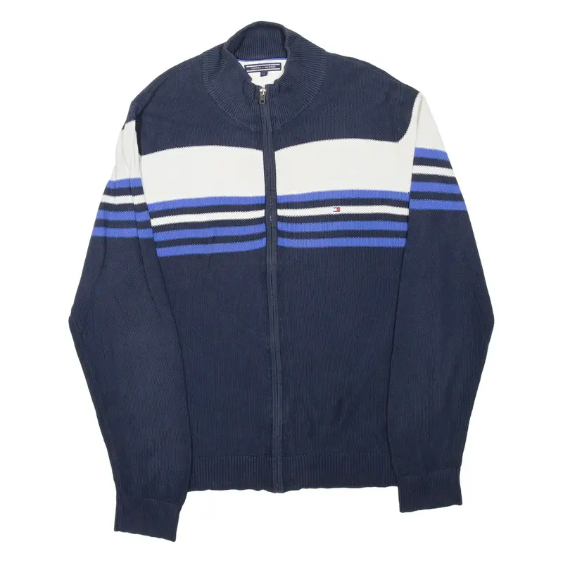 TOMMY HILFIGER Mens Patterned Jumper Blue Striped High Neck Tight Knit XL