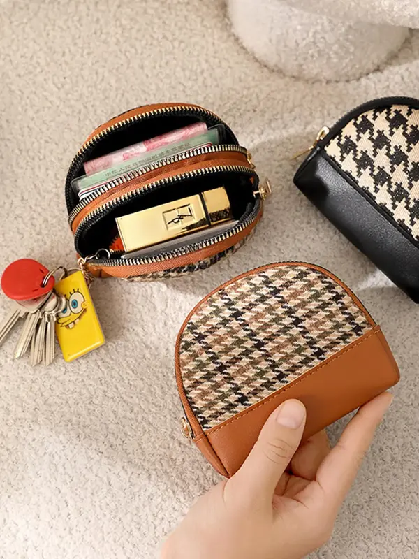 Women's Houndstooth Pattern Zipper Short Wallet, Fashionable PU Leather Double Zipper Coin Holder, Casual Versatile Wallet f...