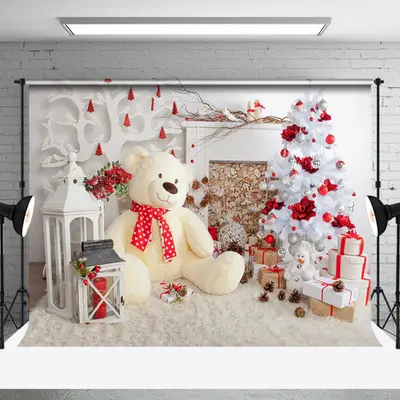 Aperturee Teddy Bear Leather Tree Stacks Christmas Backdrop
