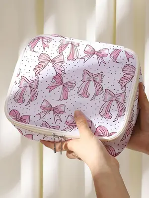Bow Print Portable Makeup Bag, Large Capacity Cosmetics Storage Box, Portable Travel Cosmetics Storage Bag, Casual Fashion ...